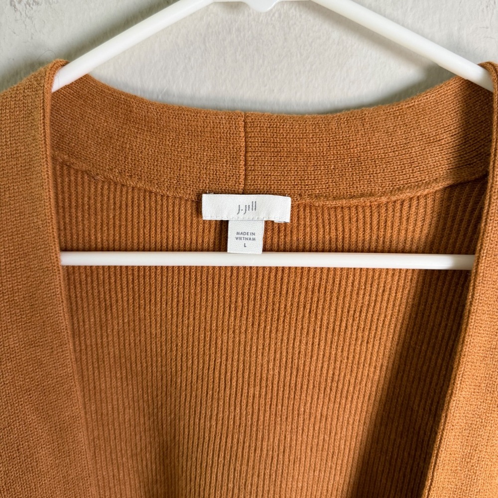 J. Jill Womens Burnt Orange Ribbed Open Front Short Sleeve Cardigan Pocket Large - Picture 2 of 7